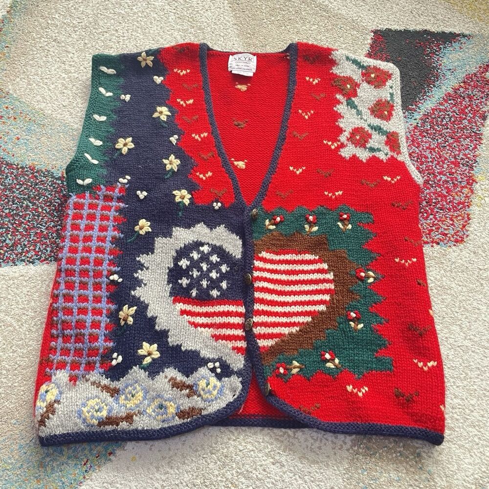 Vintage Skyr Wool Button Front Sweater Vest Red Blue Flag 90s Size M